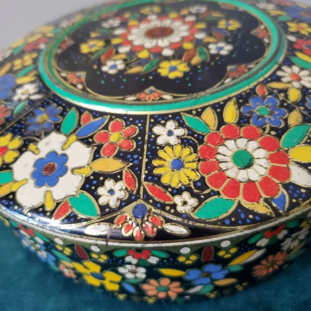 Vintage Floral Cloisonné Like Tin Metal Container With Lid Colorful 8